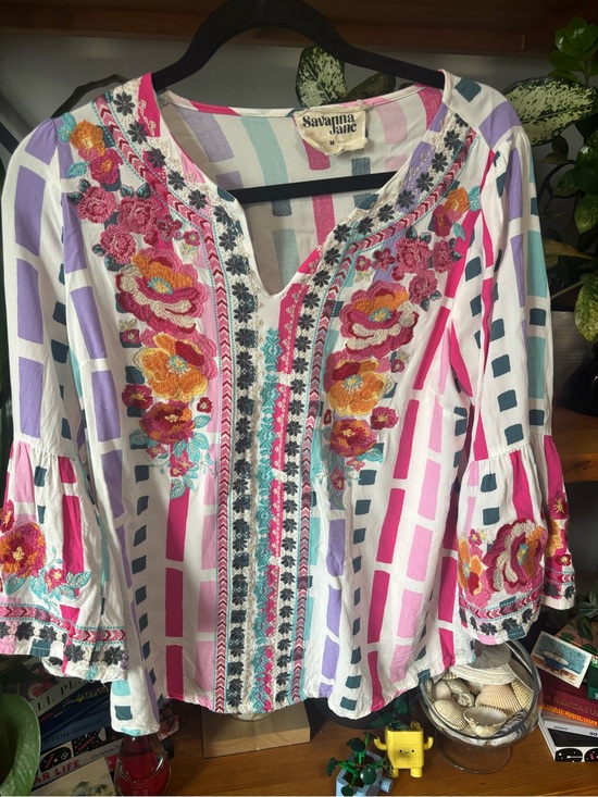 Savanna Jane Tops - Savanna Jane White Pink Purple Multi-Color Embroidered Peasant Tunic | Medium